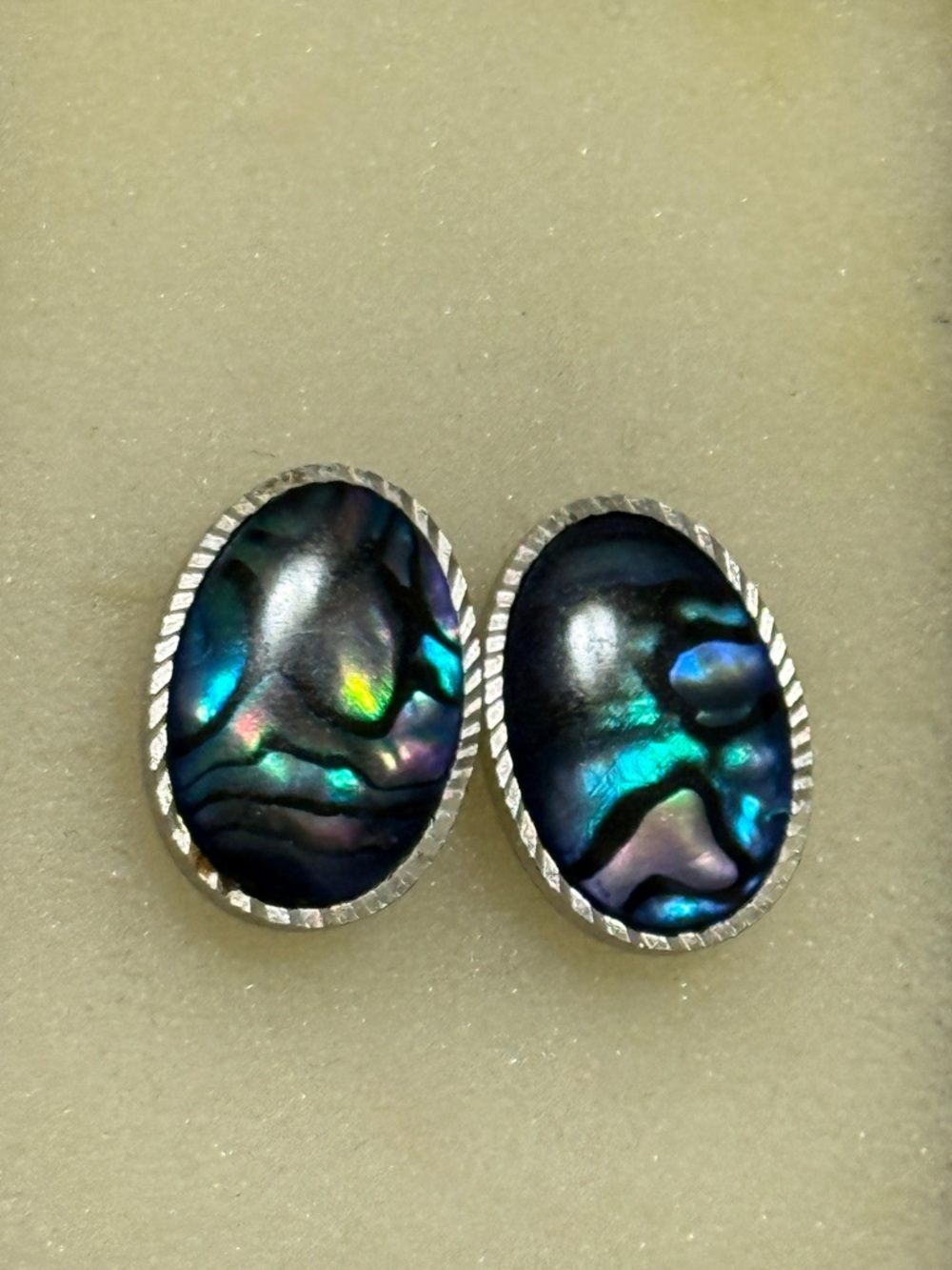 Silver Abalone Shell Oval Stud Earrings - Iridescent Blue-Green